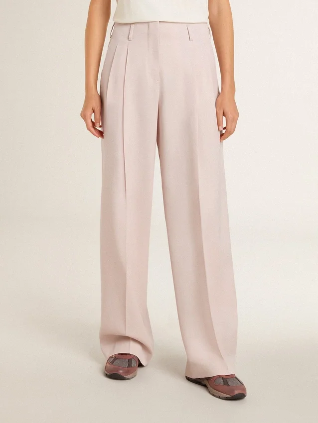 Pantalon pour femme en laine rose de coupe ajustée