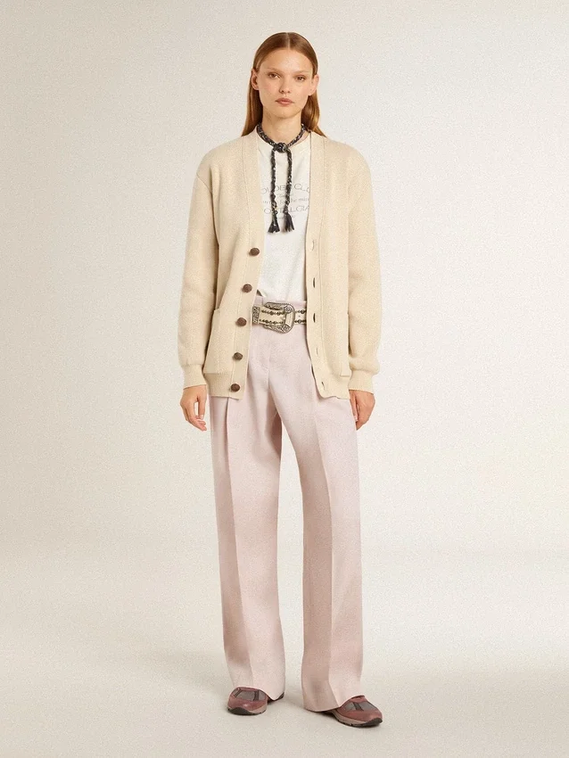 Pantalon pour femme en laine rose de coupe ajustée