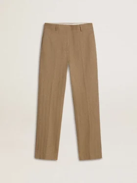 Pantalon pour femme en mélange de lin à chevrons couleur sable