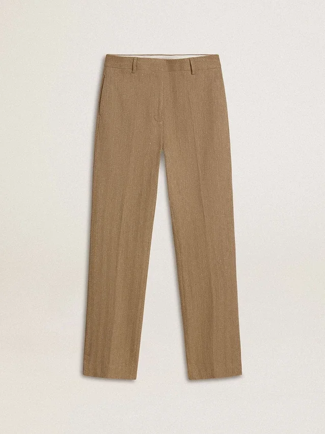 Pantalon pour femme en mélange de lin à chevrons couleur sable