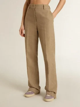 Pantalon pour femme en mélange de lin à chevrons couleur sable
