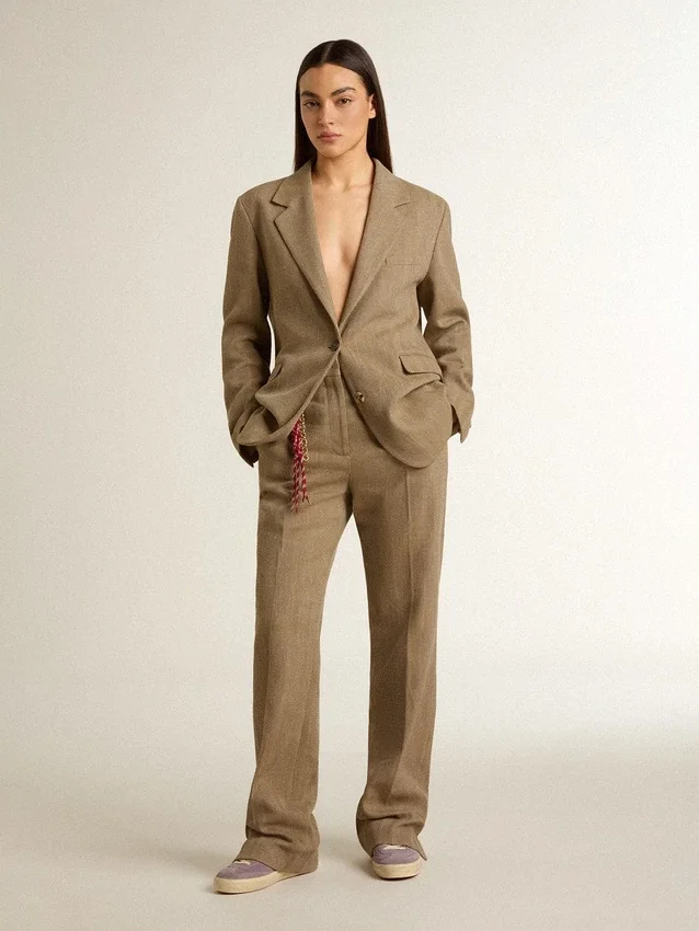 Pantalon pour femme en mélange de lin à chevrons couleur sable