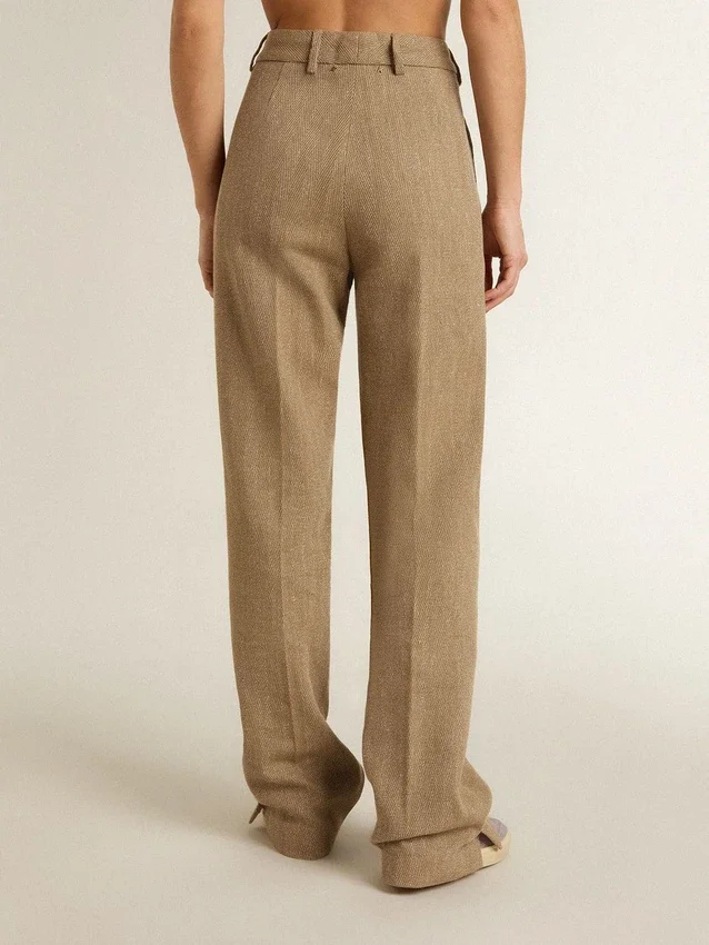 Pantalon pour femme en mélange de lin à chevrons couleur sable