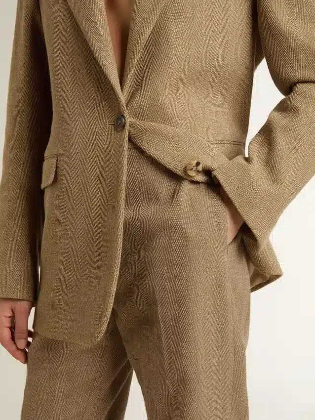 Pantalon pour femme en mélange de lin à chevrons couleur sable