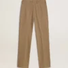 Pantalon pour femme en mélange de lin à chevrons couleur sable
