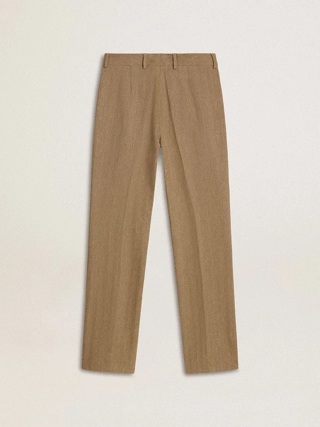 Pantalon pour femme en mélange de lin à chevrons couleur sable