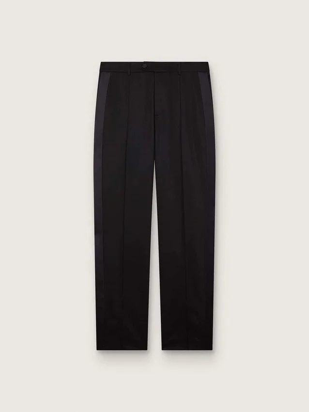 Pantalon pour homme en laine fine noire avec bande latérale en satin