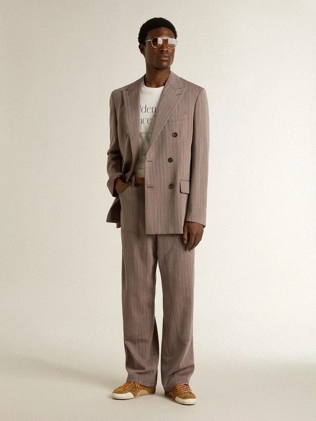 Pantalon pour homme en mélange de laine à micro-chevrons marron clair