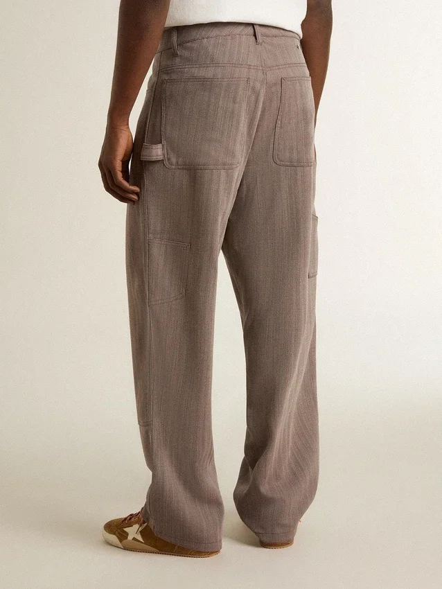 Pantalon pour homme en mélange de laine à micro-chevrons marron clair
