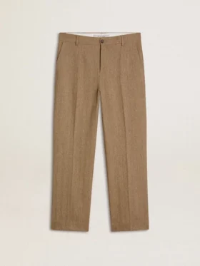 Pantalon sur mesure en mélange de lin à motif chevrons couleur sable