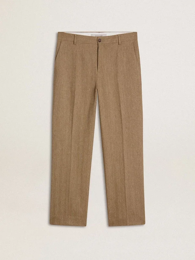 Pantalon sur mesure en mélange de lin à motif chevrons couleur sable