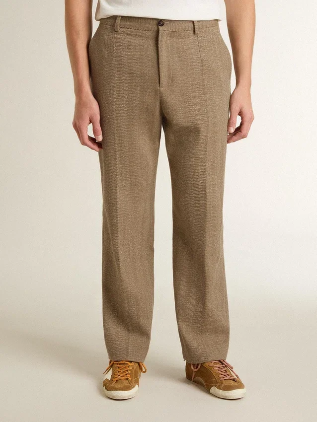Pantalon sur mesure en mélange de lin à motif chevrons couleur sable