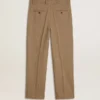 Pantalon sur mesure en mélange de lin à motif chevrons couleur sable