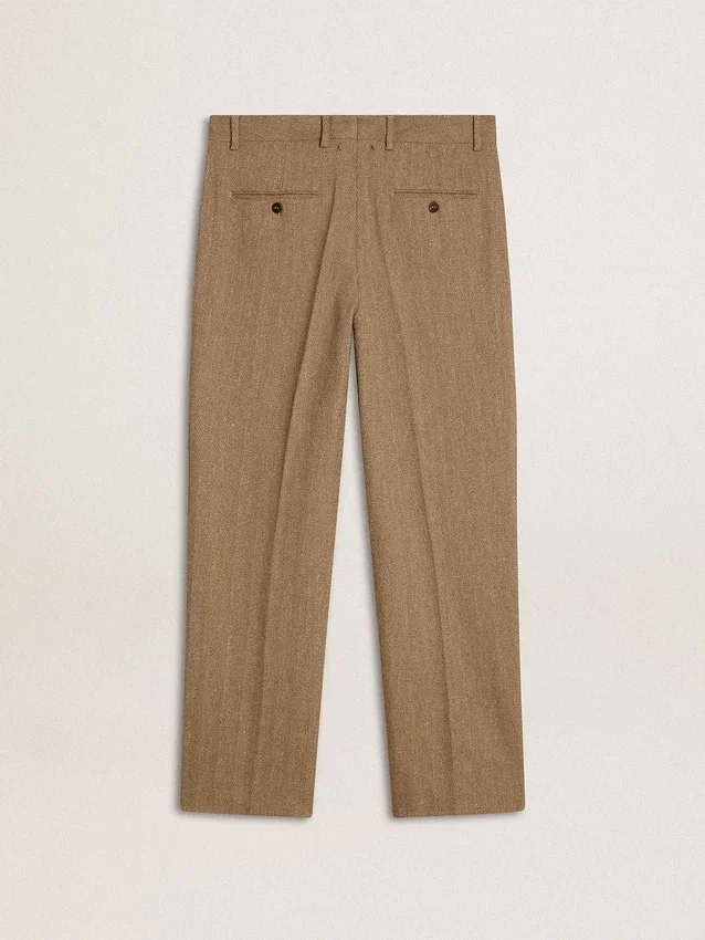 Pantalon sur mesure en mélange de lin à motif chevrons couleur sable