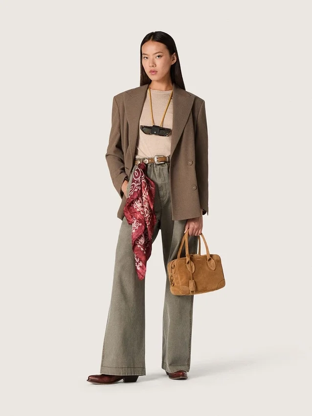 Blazer femme à double boutonnage en mélange de laine à motif chevron gris tourterelle