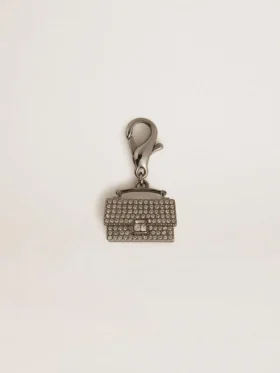 Pendentif en forme de sac à main en laiton argenté orné de cristaux