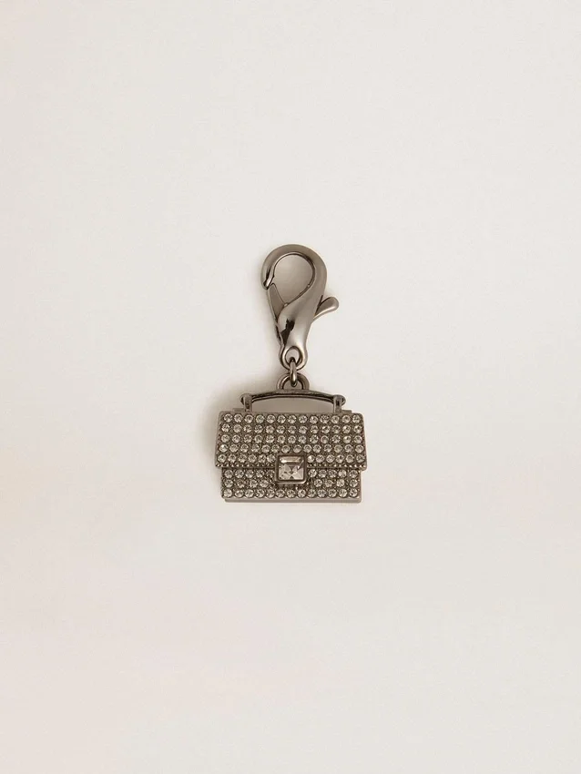Pendentif en forme de sac à main en laiton argenté orné de cristaux