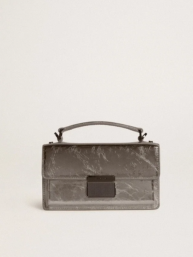 Petit sac Venezia en cuir métallisé gris anthracite avec des détails noirs