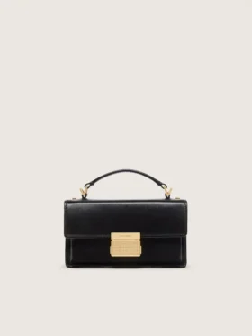 Petit sac Venezia en cuir noir gaufré avec détails dorés