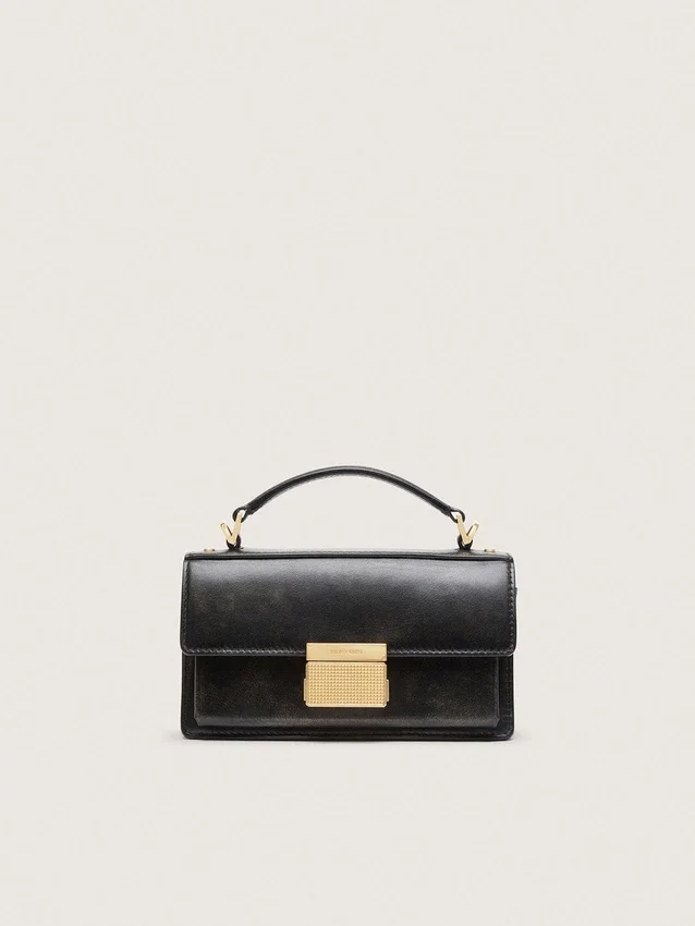 Petit sac Venezia en cuir noir vieilli avec détails dorés