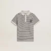 Polo blanc en coton pour garçons avec rayures bleu marine et broderie