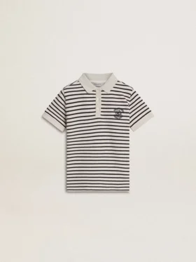Polo blanc en coton pour garçons avec rayures bleu marine et broderie