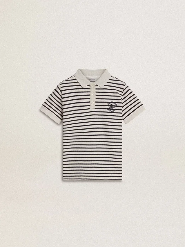 Polo blanc en coton pour garçons avec rayures bleu marine et broderie