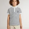 Polo blanc en coton pour garçons avec rayures bleu marine et broderie