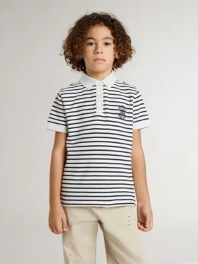 Polo blanc en coton pour garçons avec rayures bleu marine et broderie