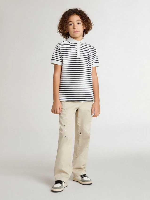 Polo blanc en coton pour garçons avec rayures bleu marine et broderie