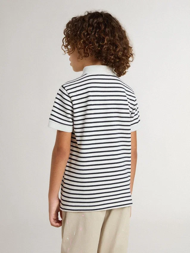 Polo blanc en coton pour garçons avec rayures bleu marine et broderie