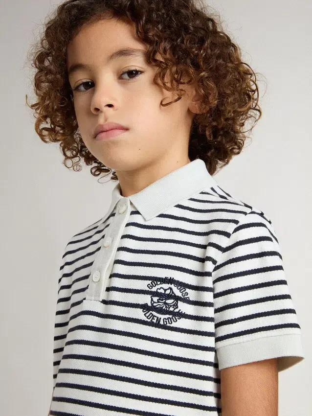 Polo blanc en coton pour garçons avec rayures bleu marine et broderie