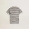 Polo blanc en coton pour garçons avec rayures bleu marine et broderie