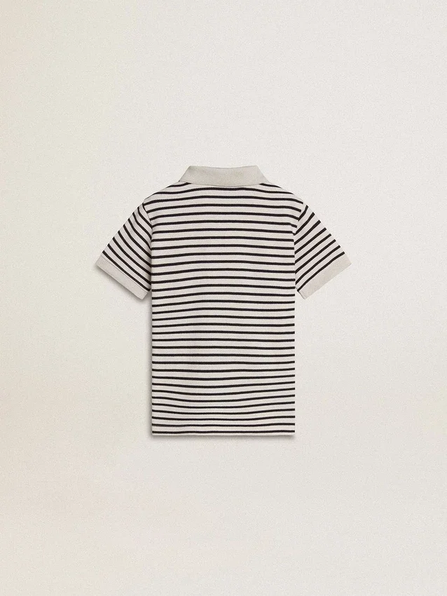 Polo blanc en coton pour garçons avec rayures bleu marine et broderie