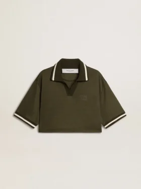 Polo court pour femme en jersey vert militaire avec broderie