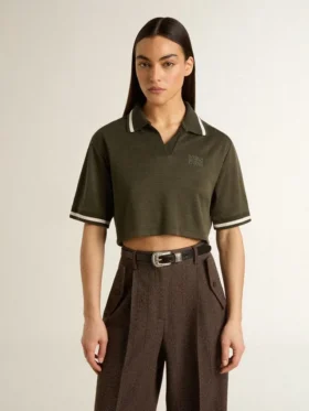 Polo court pour femme en jersey vert militaire avec broderie