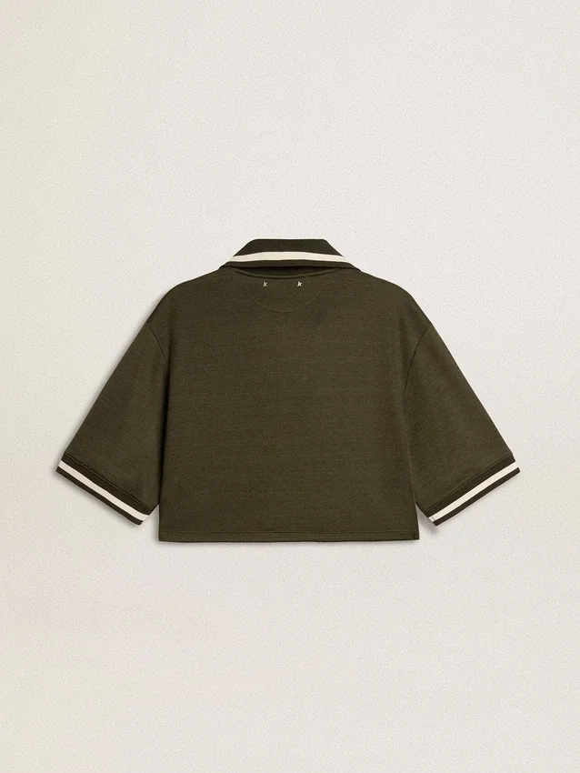 Polo court pour femme en jersey vert militaire avec broderie