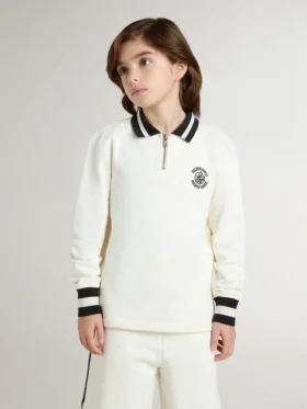 Polo sweat-shirt blanc en coton pour enfant avec broderie sur la poitrine et imprimé dans le dos