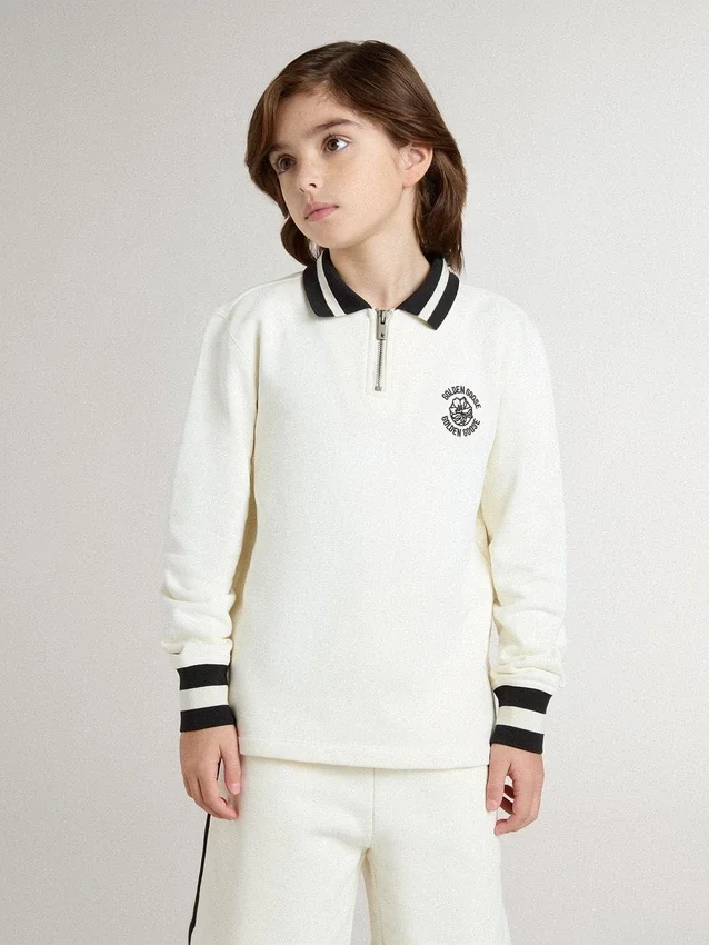 Polo sweat-shirt blanc en coton pour enfant avec broderie sur la poitrine et imprimé dans le dos