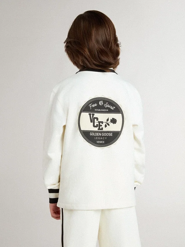 Polo sweat-shirt blanc en coton pour enfant avec broderie sur la poitrine et imprimé dans le dos
