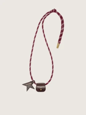 Porte-lunettes avec lacet de randonnée en cuir rayé bordeaux et blanc et deux clips floraux