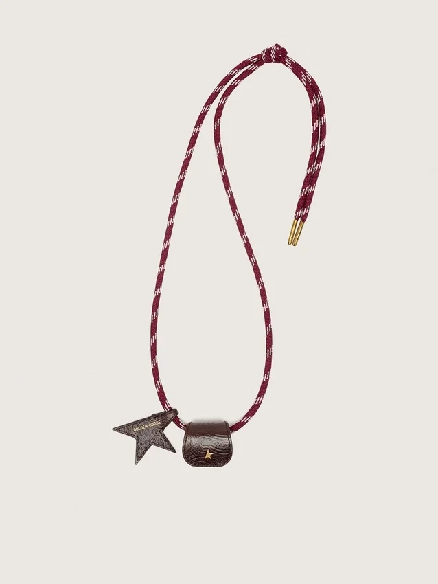 Porte-lunettes avec lacet de randonnée en cuir rayé bordeaux et blanc et deux clips floraux