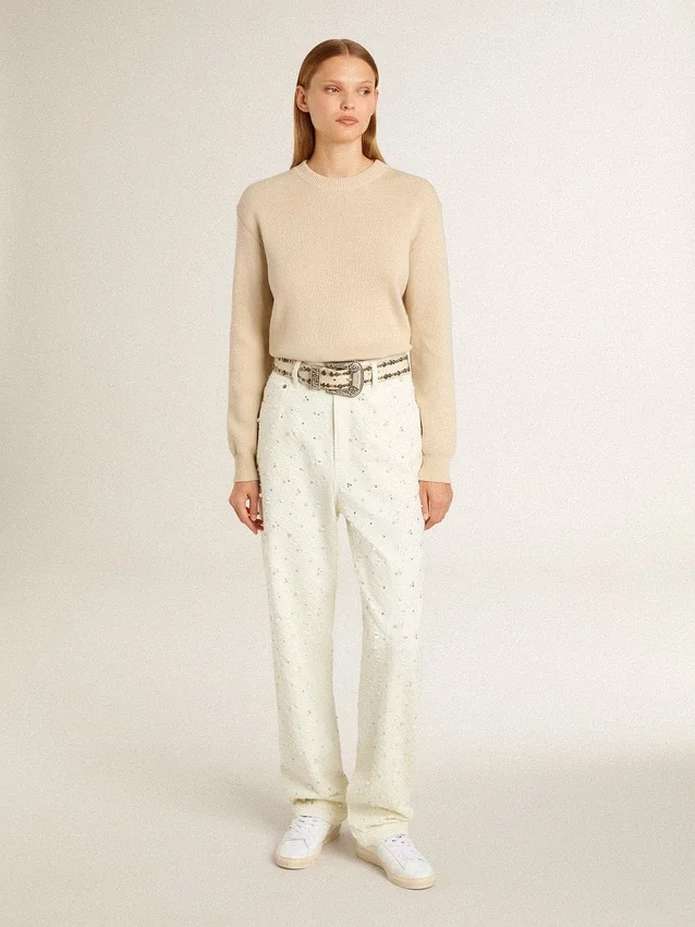 Pull beige pour femme avec inscription « Golden » dans le dos