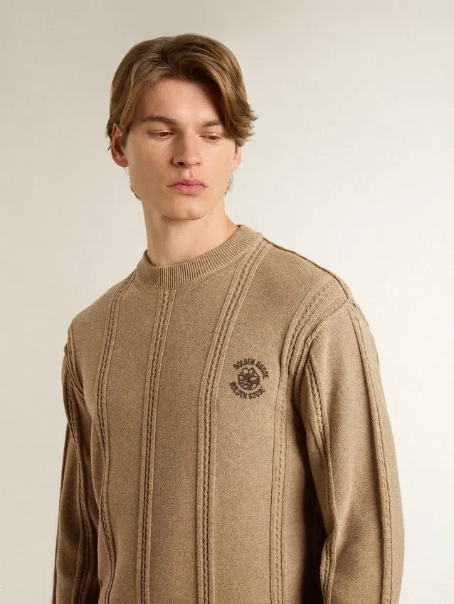 Pull beige pour homme avec logo brodé