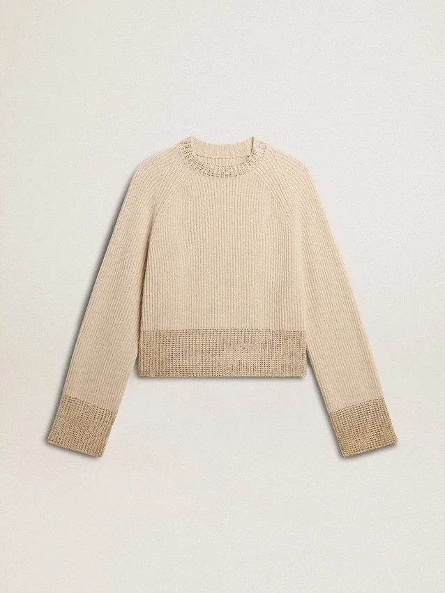 Pull carré pour femme en laine avec décorations en cristaux thermocollants