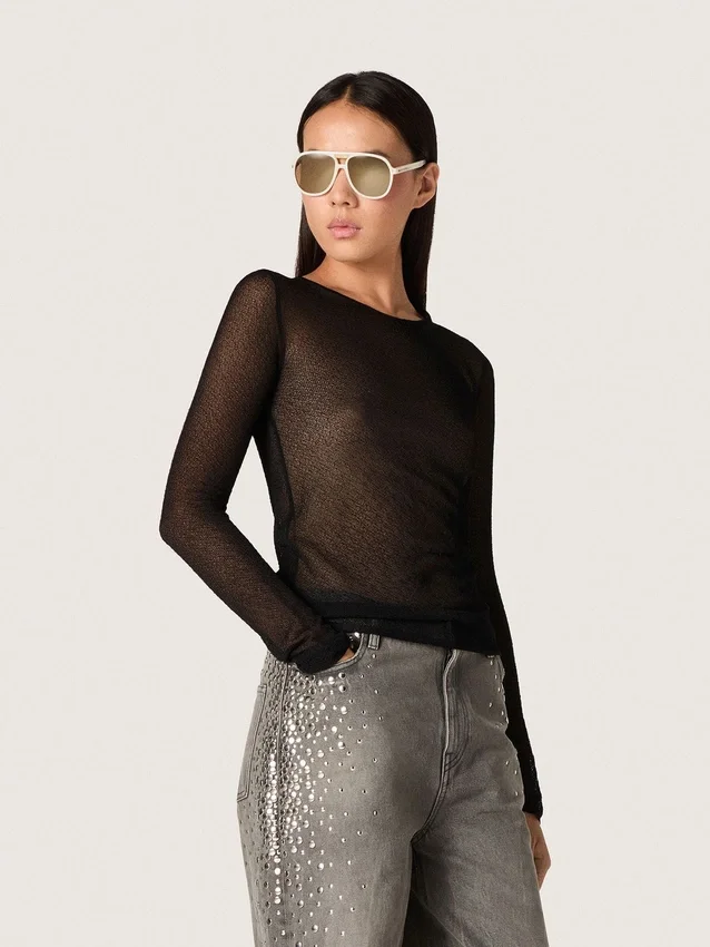 Pull à col rond pour femme avec motif jacquard floral noir