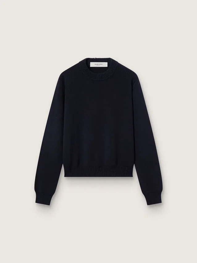 Pull à col rond pour femme en coton bleu foncé