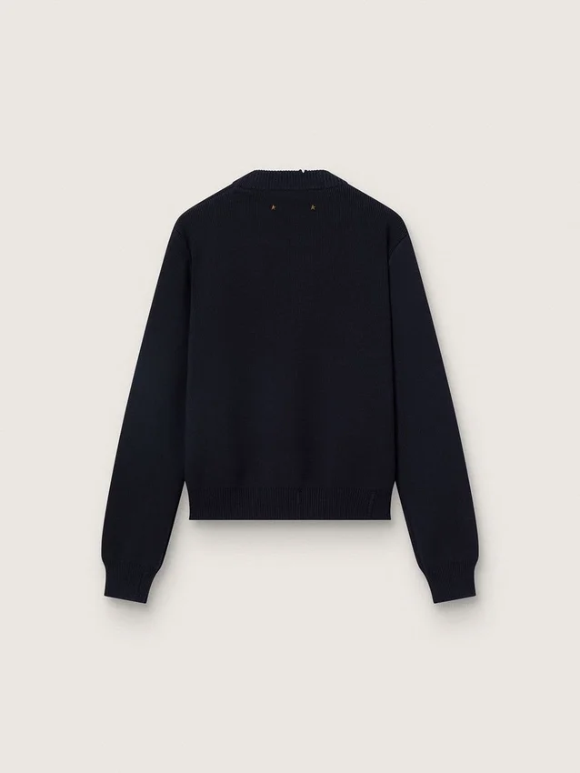 Pull à col rond pour femme en coton bleu foncé