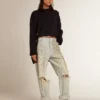 Pull à col rond pour femme en coton bleu foncé