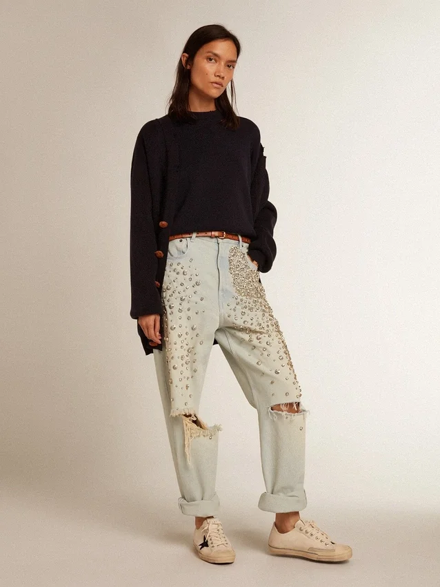 Pull à col rond pour femme en coton bleu foncé